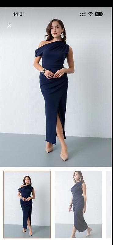 Tünd göy rəngli elegant ziyafət/gecə geyimi - Model: bir qol açıq