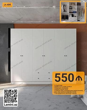 seyif qapi: Kod: 1760 – 6 qapılı paltar dolabı - Ölçü: D 47 × H 200 × E 240 sm - — 1