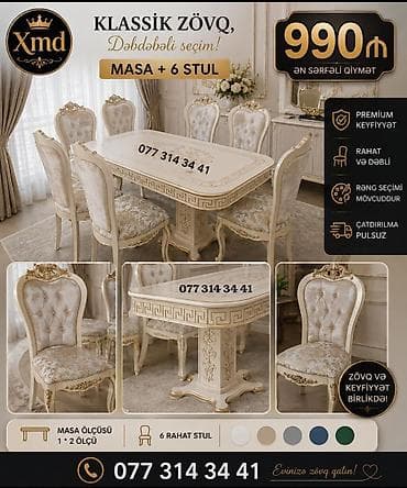 sutular: Masa + 6 stul dəsti – klassik zövq və dəbdəbəli seçim - Komplekt: 1 — 1