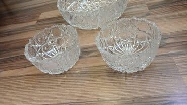 su qab: Qədimi temiz xrustal böyük meyve qabı ve iki ədəd konfet qabı — 1