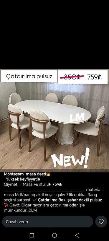 Yeni, Açılmayan, Oval masa, 6 stul