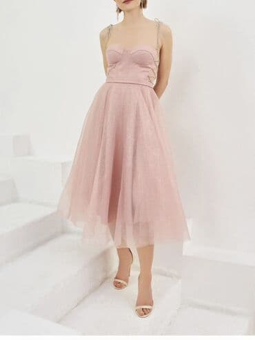 Свадебные платья и аксессуары: Məhsul: Zərif tül midi don - Rəng: Pudra/çəhrayı - Model: Korse tipli — 2