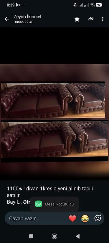 1100₼ 1divan 1kreslo yeni alınıb təcili satılır
Bayıl
7478 zeyno♥️ lalafo.az -da 1100₼ 1divan 1kreslo yeni alınıb təcili satılır
Bayıl
7478 zeyno♥️