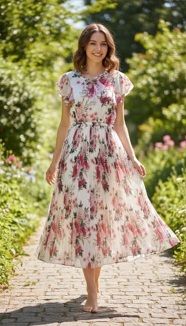 Qadın paltarı – çiçək naxışlı, ağ əsaslı - Üslub: Romantik, yaylıq