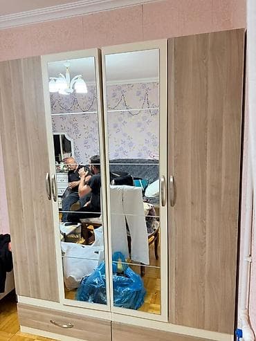 mandarin agaci: 4 qapılı, Güzgülü, Bej, Taxta, Açılan, Düz dolab — 1