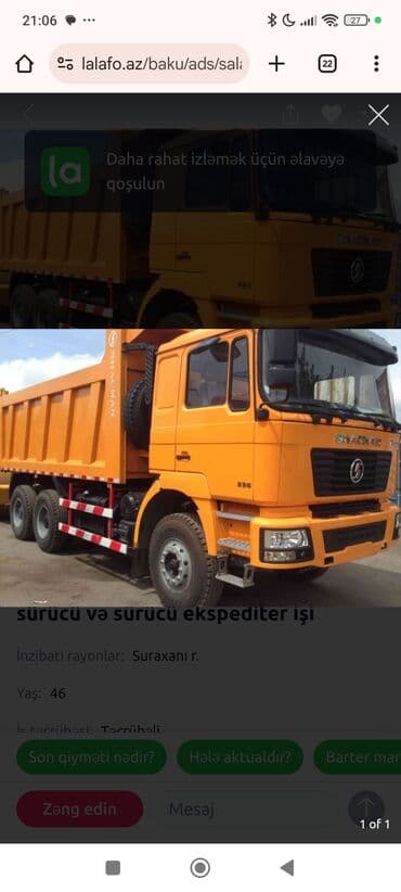 taksi ucun maşınlar: 23yaşim var B C katoqiryali sürücü işi axtarıram Qalmağayer və nahar — 1