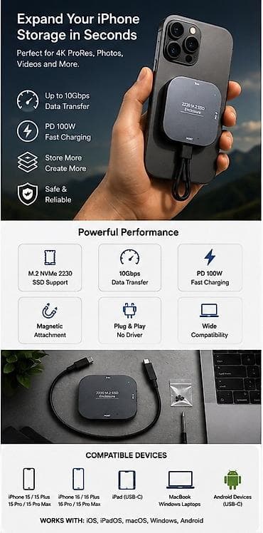 hard disk 3 tb: IPhone üçün Maqnitli SSD Korpusu Premium USB-C M.2 NVMe 2230 Xarici — 3