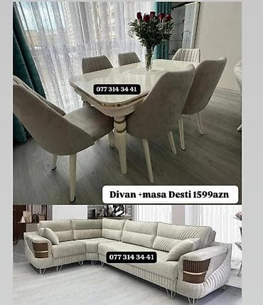 Divan + masa dəsti – 1599 AZN Məhsul tərkibi: - Künc divan: Yumşaq