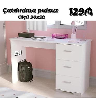 laminat: Ağ rəngdə funksional iş/oxu masası. Xüsusiyyətlər: - Ölçü: 90x50 sm - — 1