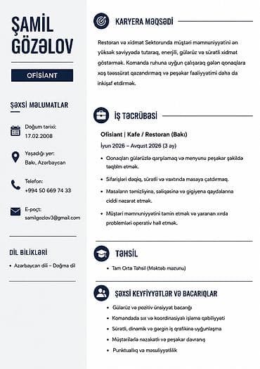 uber operator vakansiya: Ofisiant xidməti – restoran/kafe üçün peşəkar dəstək Təsvir: - — 1