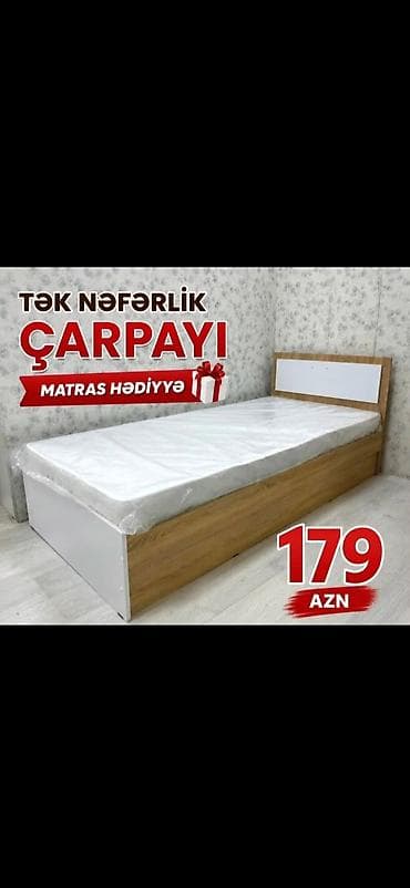 Tək nəfərlik çarpayı – sadə və funksional dizayn. Ağ və ağac fakturalı