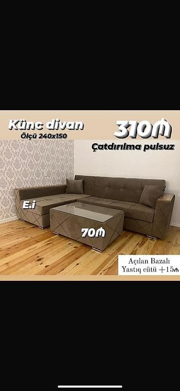 Künc divan – ölçü 240×150 - Açılan bazalı model - Yumşaq oturacaq və