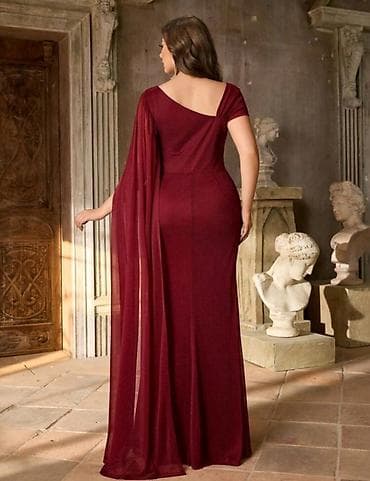 Bordo rəngdə zərif gecə/libas - Model: Floor-length, bir çiyinli — 2