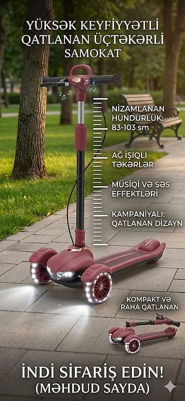 Самокаты: Qatlanan, üçtəkərli uşaq samokatı - Rul hündürlüyü nizamlanan: 83–103 — 3