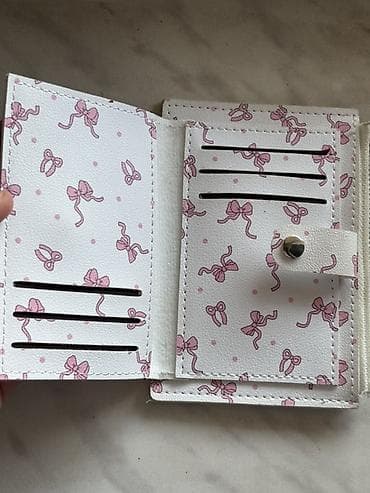 Portmone, pulqabıları: Açıq krem rəngli, pembe bant və nöqtə naxışlı kompak pulqabı/kartqabı — 2