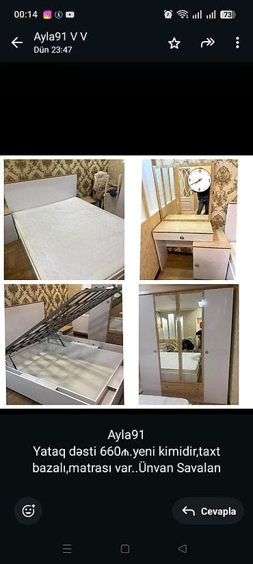 Ayla91 Yataq dəsti 660₼.yeni kimidir,taxt bazalı,matrası var. Ünvan