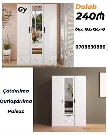 Dolablar: Ağ rəngli 3 qapılı paltar dolabı - Ölçü: 195 x 120 x 45 sm - Orta — 1