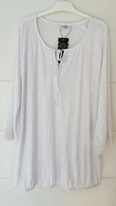 Ağ rəngli qadın tunikası – Benotti - Model: 3/4 qol, rahat kəsim -