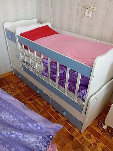 taxta komod: Uşaq beşiyi – çoxfunksiyalı model - Rəng: ağ + açıq mavi - Material — 3