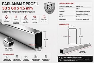 mirror: Paslanmaz Profil – AISI 304, Parlaq (Mirror Polish) Ölçü: 30 x 60 x — 1