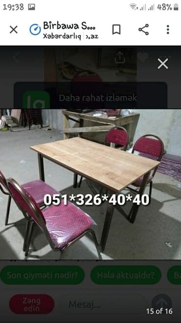 tək stollar: Stol stul tek ve Komplekt Wekilde 4 neferlik Parca ile 120 azn 4 — 12