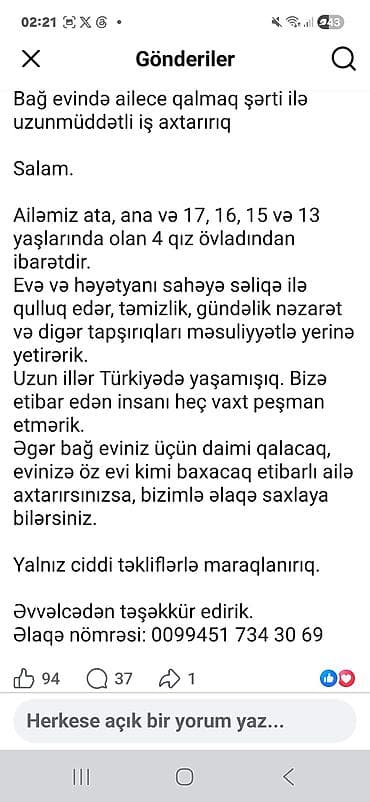 Bağ evi üçün ailəvi baxıcı xidməti Ailə tərkibi: ata, ana və 17, 16 lalafo.az -da Bağ evi üçün ailəvi baxıcı xidməti Ailə tərkibi: ata, ana və 17, 16