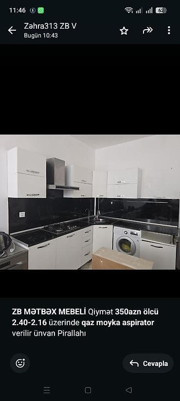 metbex ucun: *ZB* *MƏTBƏX MEBELİ* Qiymət *350azn* *ölcü 2.40-2.16* üzerinde *qaz — 1