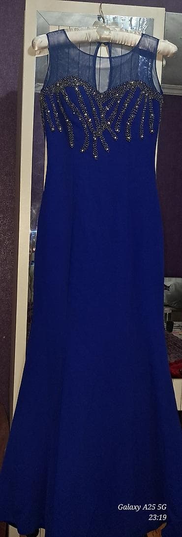 Zərif axşam/libas - Rəng: parlaq kobalt mavi - Model: ayaqda açılan