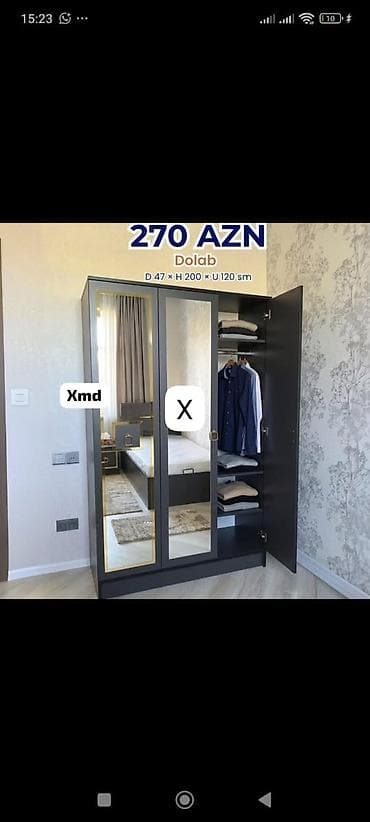 Dolab – 3 qapılı, güzgülü model Ölçülər: D 47 × H 200 × U 120 sm Rəng