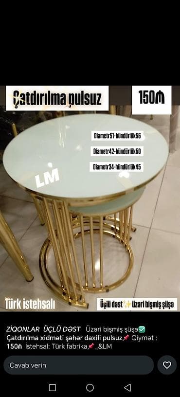 Yumru masa, Açılmayan, Təkərsiz, Şüşə, Türkiyə, Zəmanətsiz, Pulsuz quraşdırılma