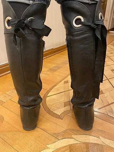 ayaggabı: Qadın uzun çəkmə – dizüstü, qara rəng - Material: yumşaq dəri (vizual — 2