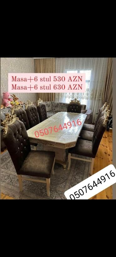 ders masaları: Qonaq otağı üçün, Yeni, Açılmayan, Dördbucaq masa, 6 stul — 6