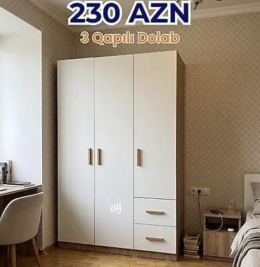 skafi: 3 qapılı dolab – 230 AZN - Rəng: ağ fasad, ağac teksturalı yan və alt — 1