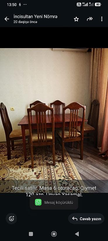 Tecili satilir. Masa 6 oturacaq. Qiymet 120 azn. Unvan Yasamal