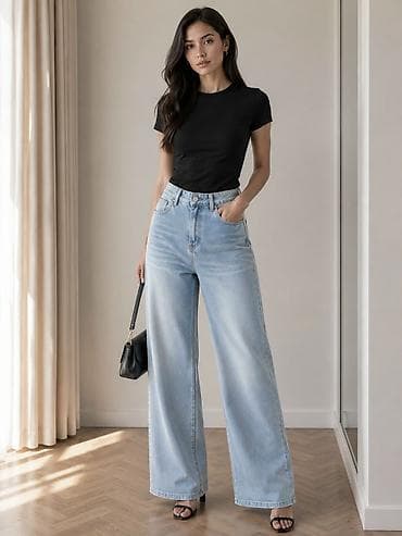 Qadın geniş kəsimli yüksək belli cins şalvar - Stil: Wide-leg, düz lalafo.az -da Qadın geniş kəsimli yüksək belli cins şalvar - Stil: Wide-leg, düz