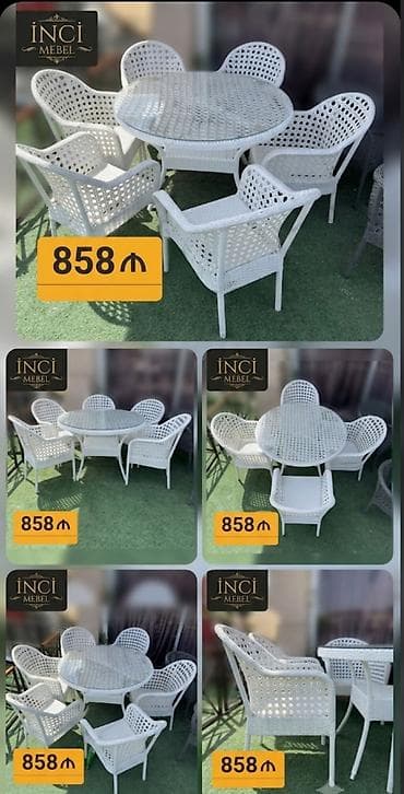 2 el mebel: Yeni, Dördbucaq masa, 6 stul, Açılmayan, Stullar ilə, Həsir toxunuşlu — 9