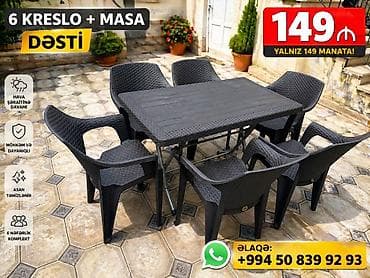 Dördbucaq masa, 6 stul, Açılmayan, Stullar ilə, Plastik
