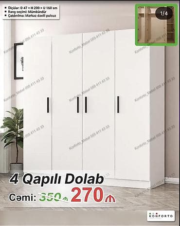 şıfaner: 4 qapılı, Ağ, Digər material, Açılan, Düz dolab — 1