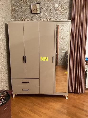 Ev üçün mebel: Yeni, 4 qapılı, Güzgülü, Qəhvəyi, Taxta, Açılan, Düz dolab — 2
