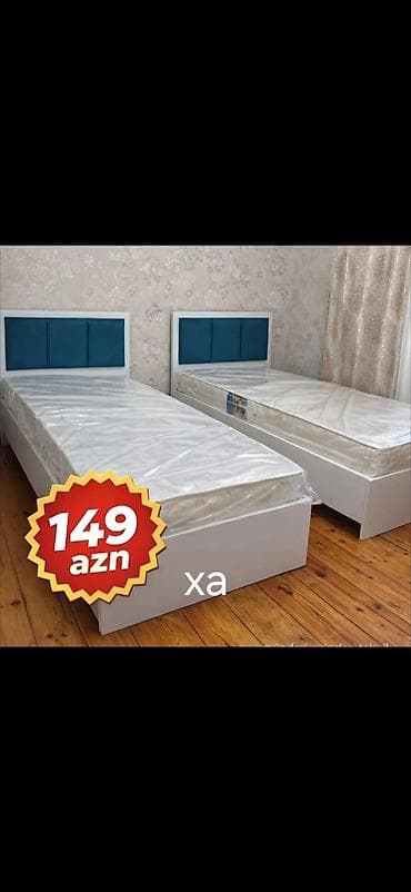 Tək nəfərlik çarpayı dəsti. Şəkildə ağ rəngli karkasa və mavi yumşaq