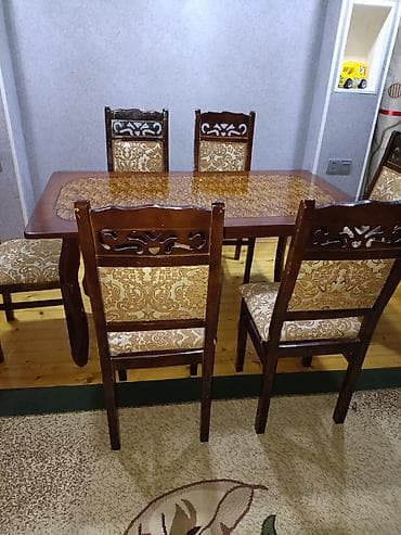 mebel stol stul: Qonaq otağı üçün, İşlənmiş, Açılmayan, Dördbucaq masa, 6 stul — 4