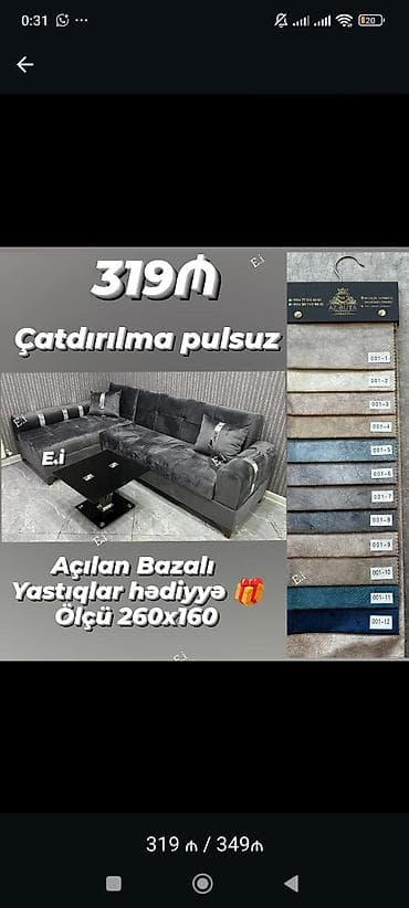 divan kafe: - Künc divan dəsti - Ölçü: 260 x 160 sm - Açılan, bazalı model – yataq — 1