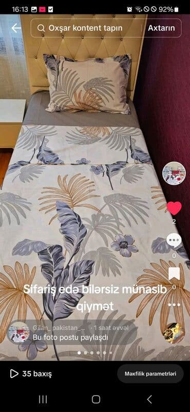 tek yataq: Məhsul: Yataq dəstləri (fərqli naxış və ölçülər) Tərkib və komplekt — 3