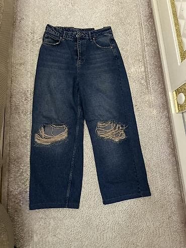 Qadın üçün cins şalvar - Model: geniş kəsim (wide leg), düz balaq -