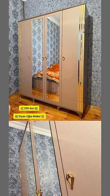 Yeni, 4 qapılı, Güzgülü, Rəngli, Digər material, Açılan, Düz dolab
