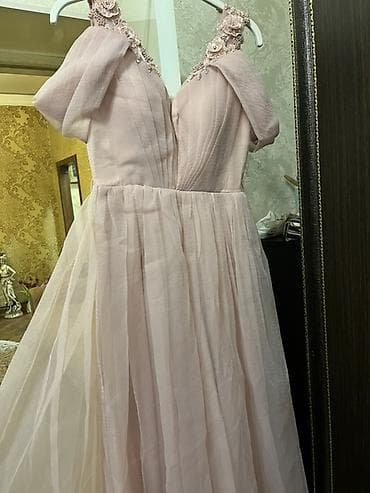 donlar toy ucun: Zərif pudra rəngli uzun ziyafət donu - Model: A-kesimli, uzun ətəkli — 2