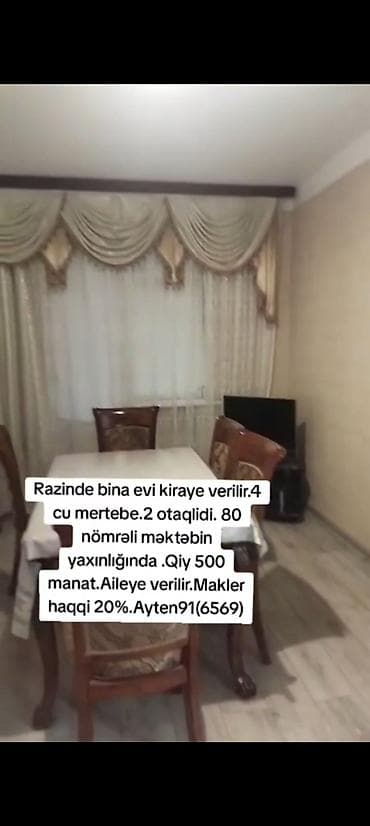 Razinde bina evi kiraye verilir. 4 ci mertebe. 500 azn ayligi. Sekiler
