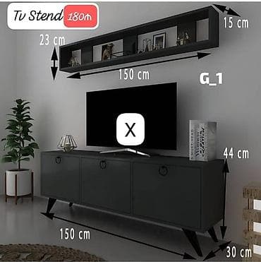 divar refleri: TV stend dəsti – müasir minimal dizayn, mat qara rəng. Ölçülər: - — 1