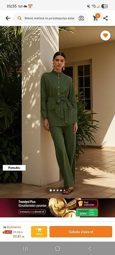 Qadın iki parça dəst – tünd yaşıl rəngdə, pambıq tərkibli - Üst