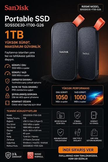 macbook pro adapter: Xarici SSD disk Sandisk, 1 TB, Yeni — 1